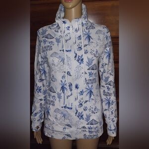 TOMMY BAHAMA ladies XS white blue tropical palm tree print zip-up sweatshirt